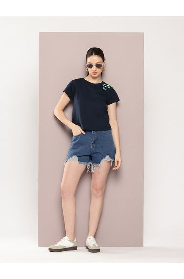 Women Embroidery Crew Neck Crop T-Shirt