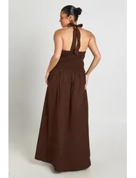 Plus Cotton Poplin Halter neck Pleated Maxi Dress - chocolate - 1