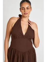 Plus Cotton Poplin Halter neck Pleated Maxi Dress - chocolate - 3