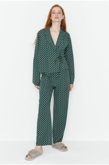 Green Heart Patterned Tie Detailed Viscose Shirt-Pants Woven Pajama Set