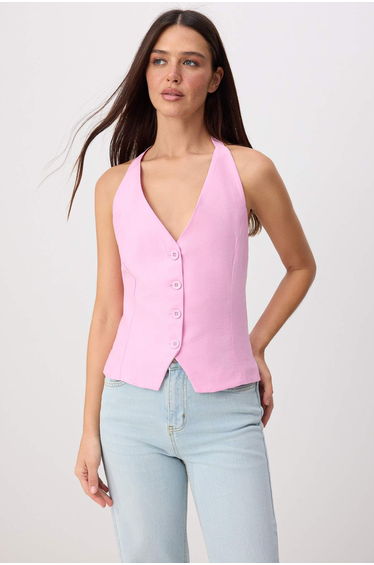 Pink Fitted Halter Neck Tencel Vest
