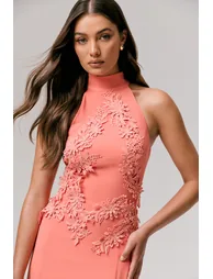 Just Like Magic | Coral High-Neck Embellished Maxi Dress - 4