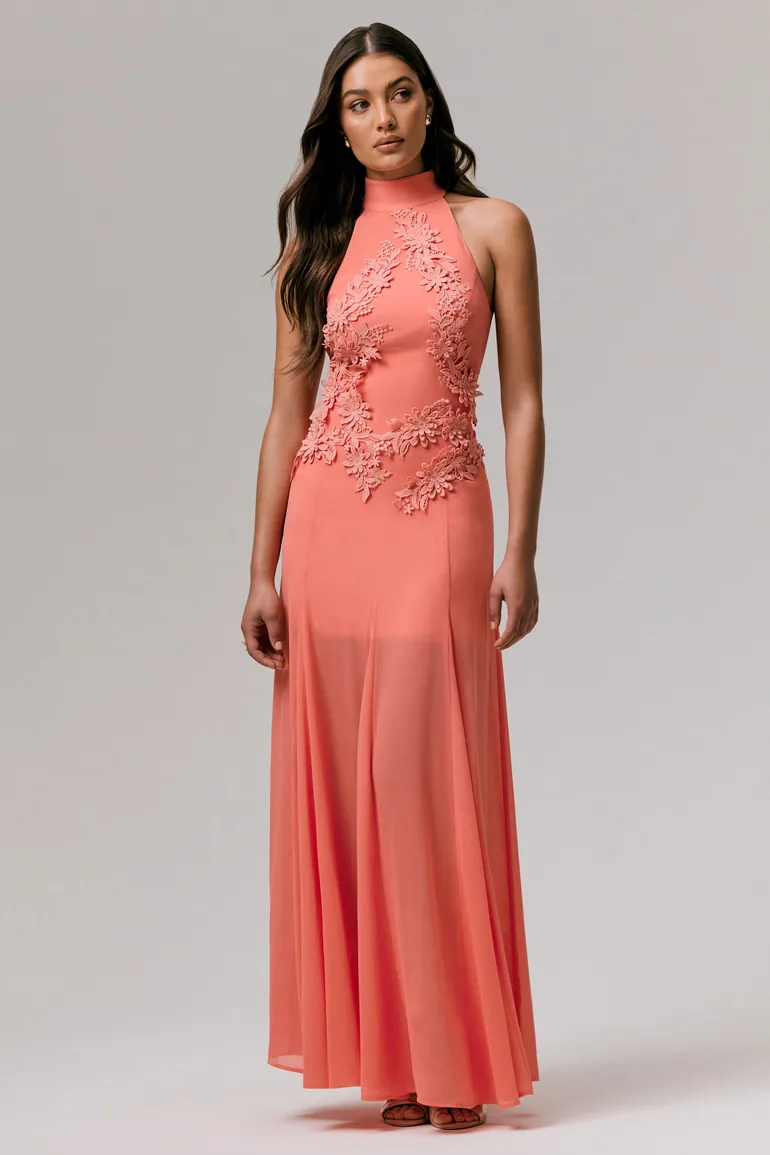 Just Like Magic | Coral High-Neck Embellished Maxi Dress - 2