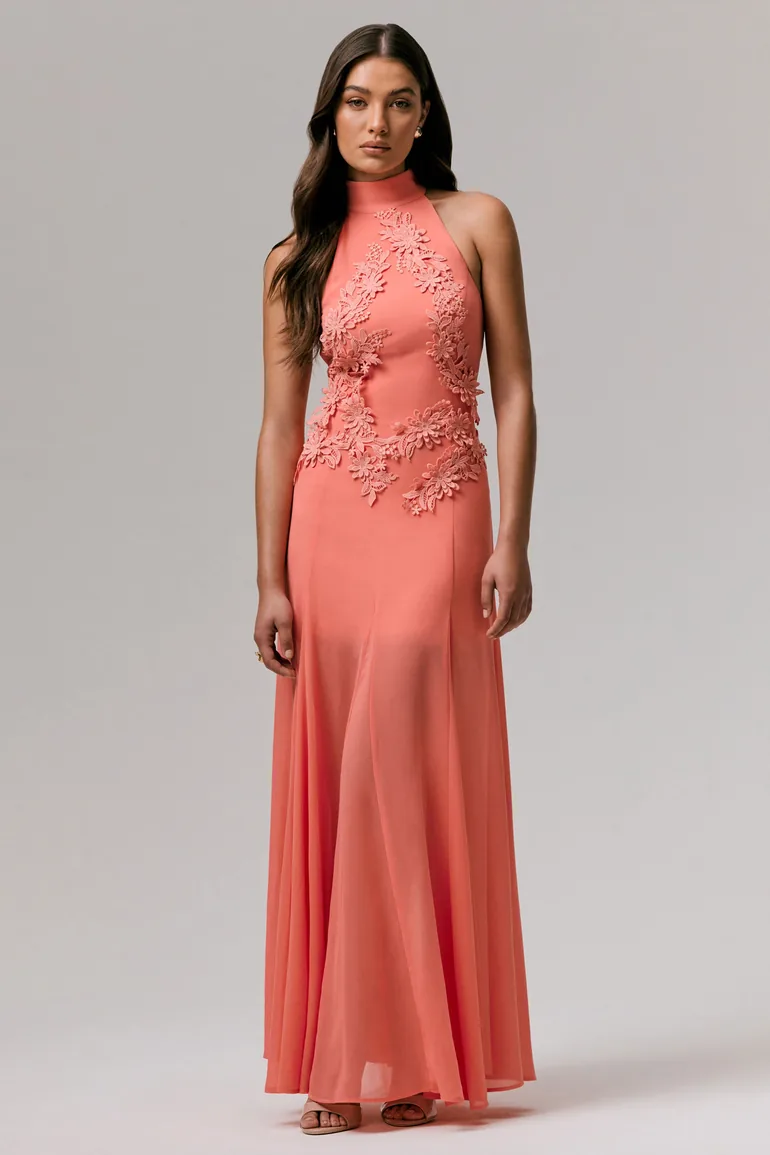Just Like Magic | Coral High-Neck Embellished Maxi Dress