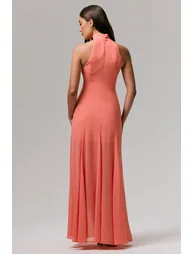 Just Like Magic | Coral High-Neck Embellished Maxi Dress - 1