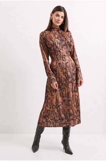 Snake Print Chain Detail Satin Midi Dress