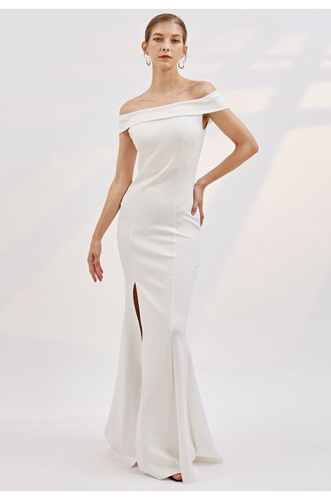 Folded Off-Shoulder Slit Mermaid Gown in White