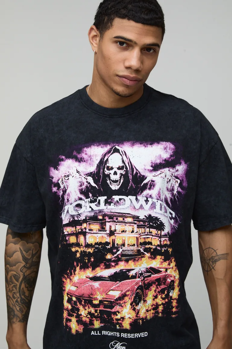 Acid Black Oversized Worldwide Gothic Print T-Shirt - acid wash black - 2