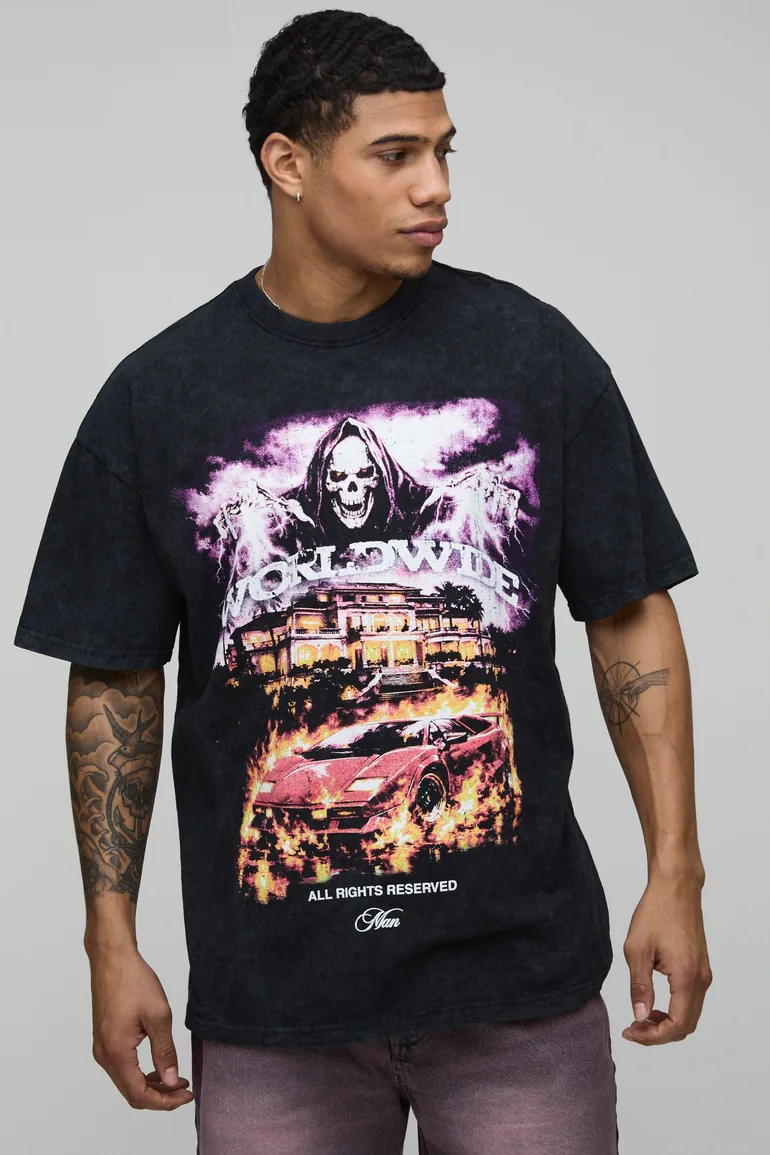 Acid Black Oversized Worldwide Gothic Print T-Shirt - acid wash black