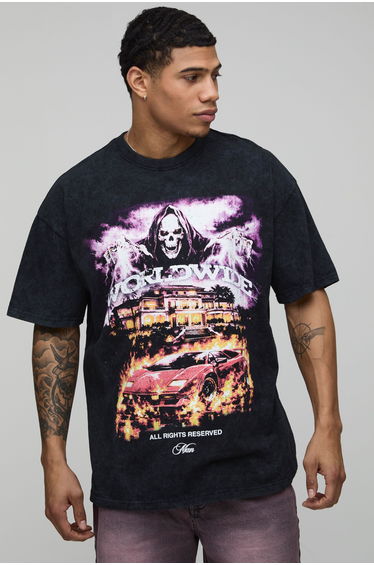 Acid Black Oversized Worldwide Gothic Print T-Shirt - acid wash black