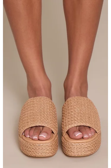 Natural Raffia Flatform Mule Sandals
