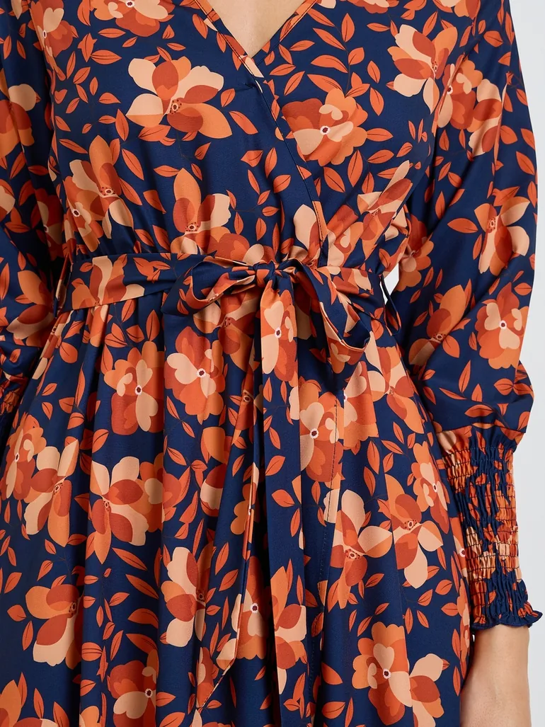 Multi Floral Wrap Midi Dress with Long Sleeves - 3