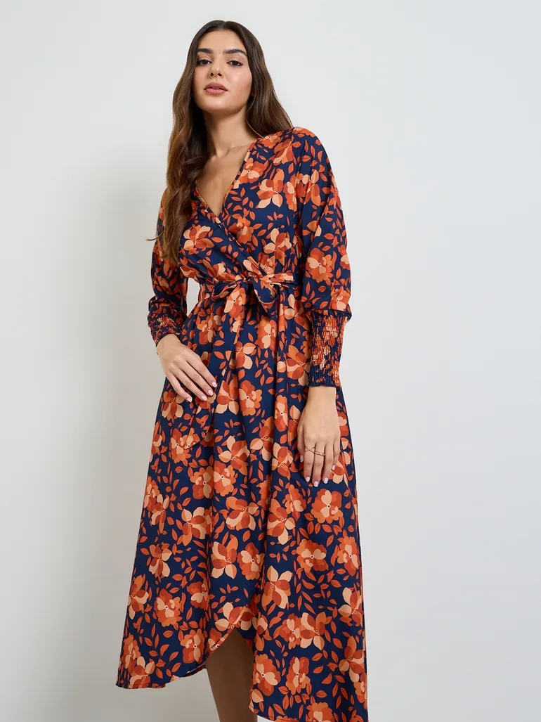 Multi Floral Wrap Midi Dress with Long Sleeves - 1