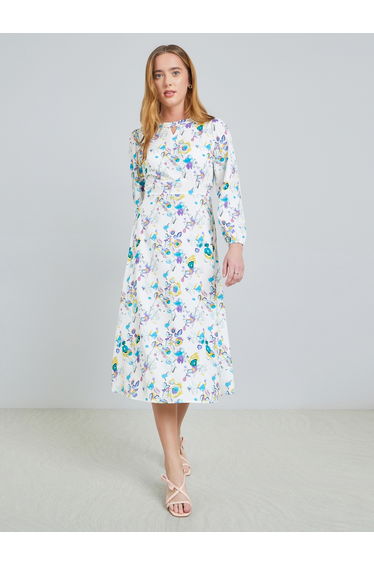 White All Over Print Keyhole Neck Midi Dress