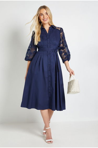 Petite Cotton Lace Belted Shirt Dress