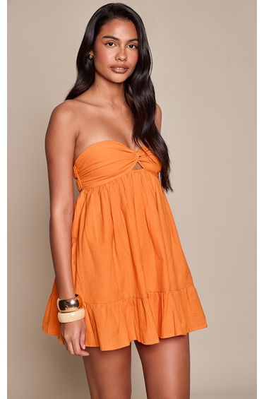 Burnt Orange Linen Look Twist Bandeau Shift Dress