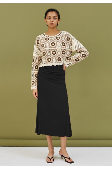 High Waist Ruched Detail Maxi Skirt in Black