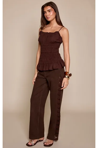 Chocolate Crochet Panel Detail Wide Leg Jeans