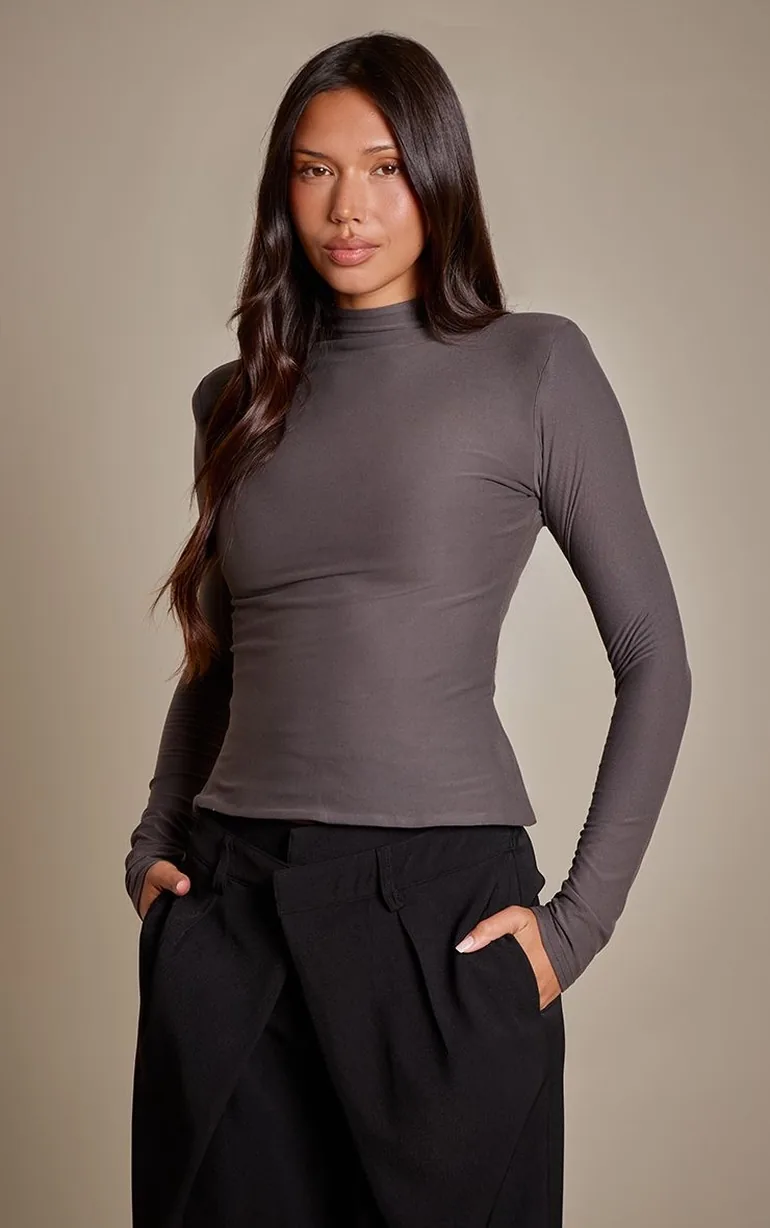 Charcoal Grey Brushed Jersey Shoulder Pad Top - 3