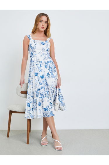 Blue Floral Square Neck Cami Midi Dress