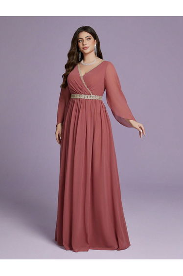 Leely Plus Women's Elegant V Neck Split Sleeve Chiffon A-Line Dress