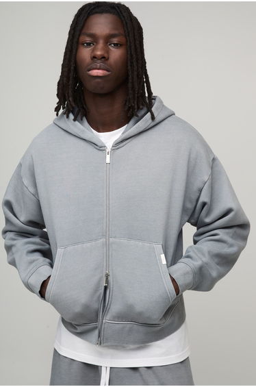 Essential Washed Shrunken Boxy Zip Through Hoodie - washed grey