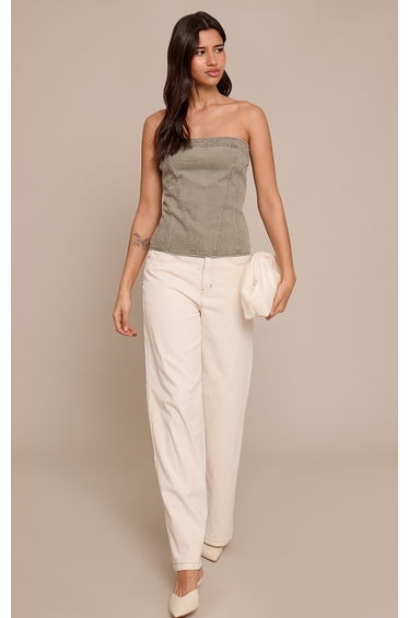 Tall Washed Khaki Strapless Bustier Detail Denim Corset Top