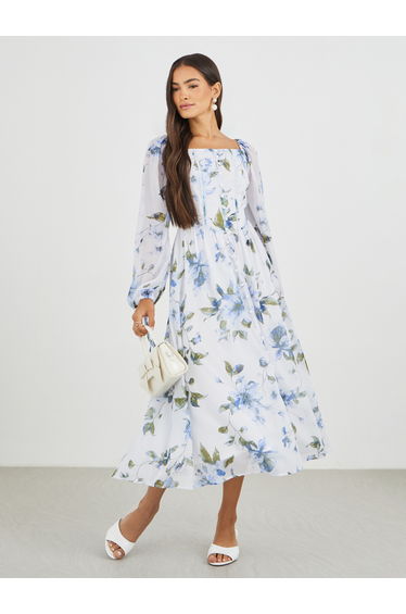 Floral Print Balloon Sleeves A-Line Dress