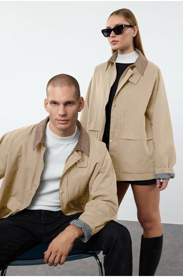 Stone Regular Fit Velvet Collar Detailed Unisex Coat