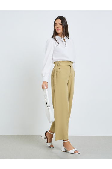 Beige Belted High Waist Wide Leg Pants
