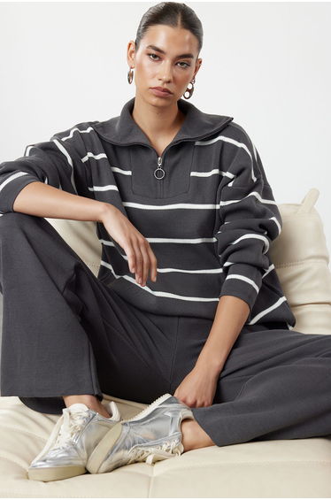 Anthracite Wide Fit Zippered Knitwear Bottom-Top Set
