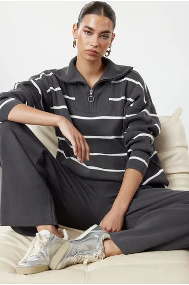 Anthracite Wide Fit Zippered Knitwear Bottom-Top Set