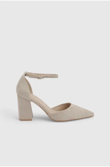 Blanche Faux Suede Ankle Strap Pointed High Block Heel Court Shoes