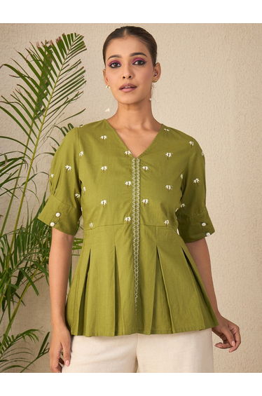 Women Green Embroidered Box Pleated Top