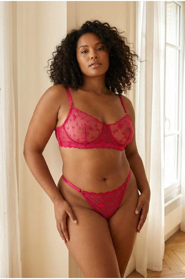 Fuchsia Embroidered Floral Plus Size Lingerie Set