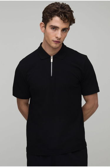 Slim Fit 1/4 Zip Pique Polo - black
