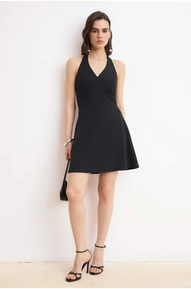 Black Skirt Ruffled V-Neck Short / Mini Stretchy Woven Dress