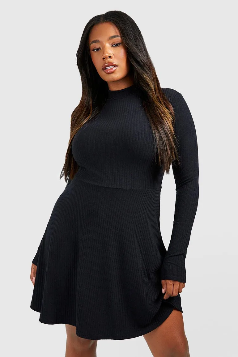 high neck black skater dress Black High Neck Long Puff Sleeve Belted Skater Dress