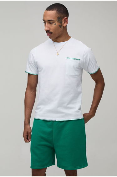 Contrast Blanket Stitch Slim Fit T-Shirt & Regular Fit Short Set - green