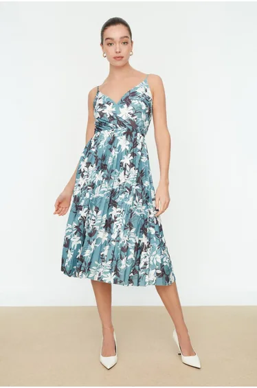 Green Floral Pleated A-Line Midi Dress