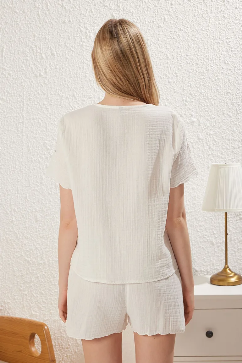 Ekru 100% Cotton Floral Embroidered Tie/Bow Muslin Shorts and Woven Pajama Set - 4