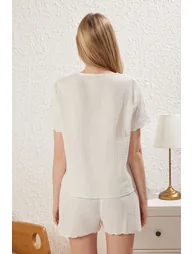 Ekru 100% Cotton Floral Embroidered Tie/Bow Muslin Shorts and Woven Pajama Set - 4