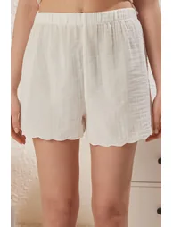 Ekru 100% Cotton Floral Embroidered Tie/Bow Muslin Shorts and Woven Pajama Set - 3