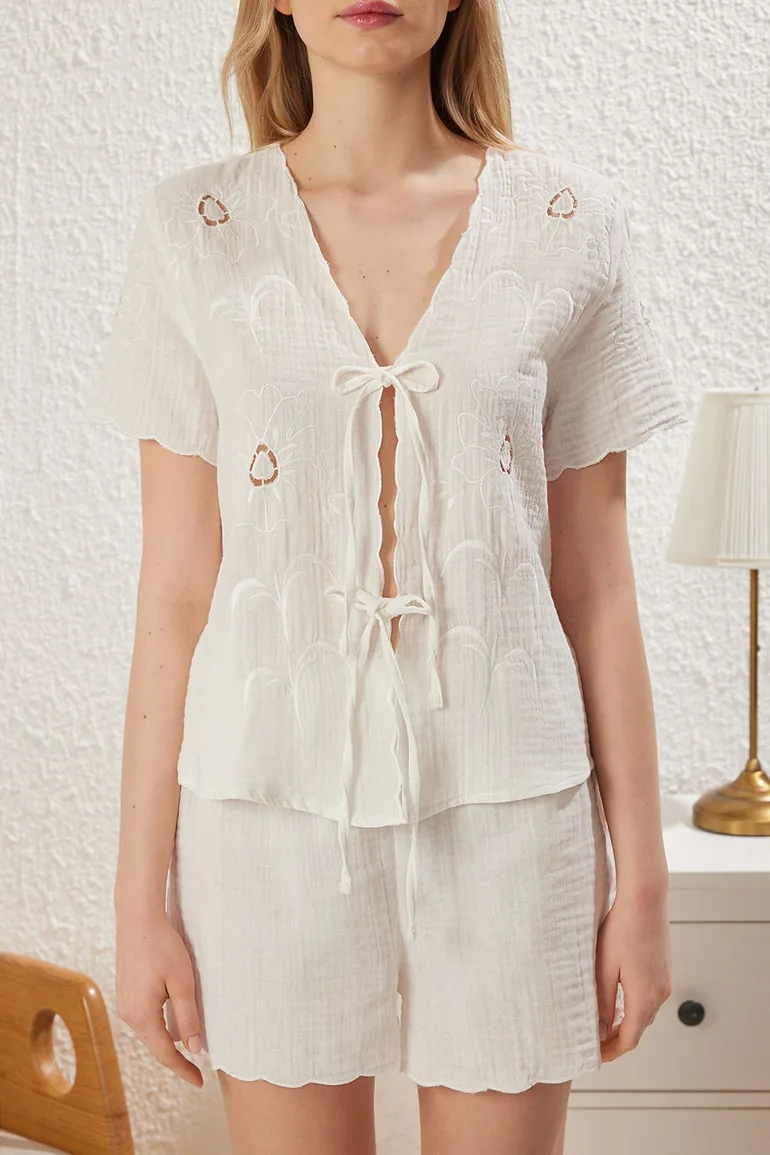 Ekru 100% Cotton Floral Embroidered Tie/Bow Muslin Shorts and Woven Pajama Set - 2