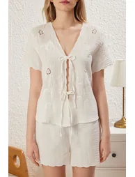 Ekru 100% Cotton Floral Embroidered Tie/Bow Muslin Shorts and Woven Pajama Set - 2