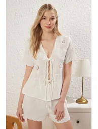 Ekru 100% Cotton Floral Embroidered Tie/Bow Muslin Shorts and Woven Pajama Set