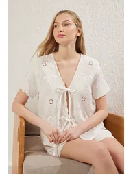 Ekru 100% Cotton Floral Embroidered Tie/Bow Muslin Shorts and Woven Pajama Set - 1