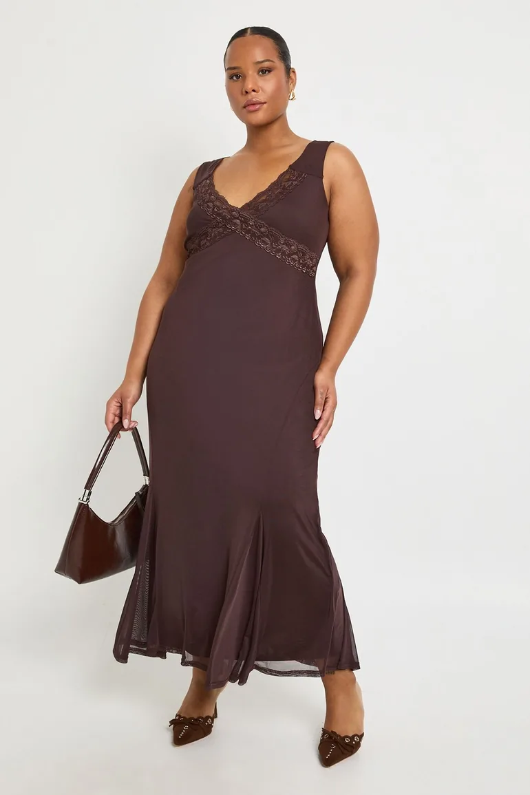 brown lace dress plus size Plus Size Tea Length Lace Appliques Chiffon Mother Of The Bride Dress, Rust