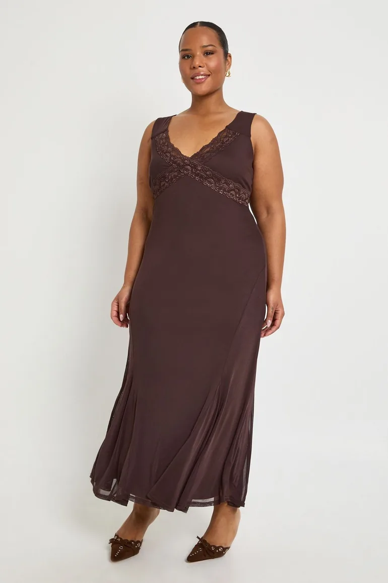 brown slip dress lace Elegant Lace Trim Midi Slip Dress | Satin Luxe Look