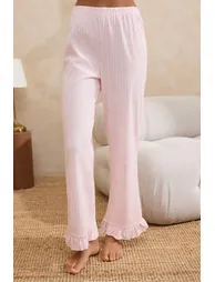 Pink 100% Cotton Striped and Ribbon Ruffle Knitted Pajamas Set - 2